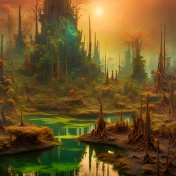 Odd swamp landscape with odd beings surreal abstract Max Ernst style, 120mm photography, sharp focus, 8k, 3d, very detailed, volumetric light, grim, fine art, very colorful, ornate, F/2.8, insanely detailed and intricate, hypermaximalist