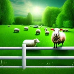 sheep jumping a fence in a green meadow, dreamy, sleepy, hypnotic