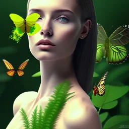 Generates high quality portraits of women covered in various plants, surrounded by forest and butterflies.