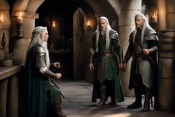 [photo from the lord of the ring] two elves, Lady Lyanna and her bodyguard Thalion the elfin warrior with scars, entering the tavern. They pause in the doorway, their sharp elven senses already alert to the tension in the room. Lyanna's silver hair catches the morning light as she scans the tavern, and Thalion take a seat in a shadowed corner.