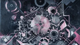 A surreal abstract composition with geometric shapes, gears, and mechanical elements in shades of black, gray, and pink