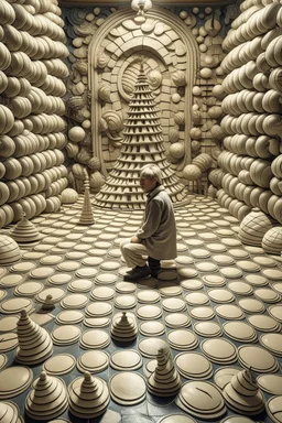 small man inside huge sea shells and on the floor is a huge chess board in the style of hiroku ogai