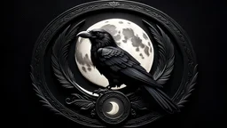 In the dimly lit ambiance of an old tavern, a captivating logo design seamlessly blends the mystique of witchcraft, the cleverness of a raven, and the enigmatic allure of the moon. Crafted with intricate detail, the logo portrays a charismatic raven in a style reminiscent of ancient artistry, its feathers etched into rich black leather. Against a backdrop of moonlit shadows, the design exudes a magical aura, tantalizing the viewer's imagination through this immaculate creation.