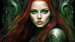 acrylic illustration, acrylic paint, oily sketch, 8k beautiful 1girl with long red hair, H. R. Giger style, intricate, elegant, highly detailed, green eyes, majestic, digital photography, (masterpiece, side lighting, finely detailed beautiful green eyes: 1. 0)