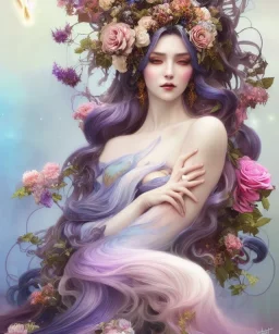 full view ultrarealistic portrait ethereal fantasy deity wearing beautiful gown, flowers, spirituality, 4k digital masterpiece by anna dittman and alberto seveso ruan jia, rossdraws, artgerm and greg rutkowski and alphonse mucha and loish and wlop, fantasycore, hyperdetailed, realistic digital painting, soft lighting, featured on artstation