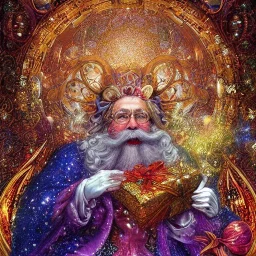 Santa , 500 x 500 pixels, glitter gold, extremely detailed fractal , fractal gems, fractal crystals, gold glitter, digital oil painting , detailed art illustration, vibrant, cinematic, ornate, luxury, 8K polished in the style of Josephine Wall, Brian Froud.Thomas Kinkade