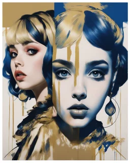 Poster in two gradually, a one side the Singer Danish MØ face, and other side the Singer Melanie Martinez face, symmetry, painting by Yoji Shinkawa, darkblue and gold tones,