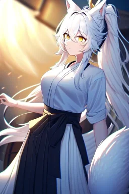 fox girl, masterpiece, best quality, cinematic lighting, detailed outfit, vibrant colors, perfect eyes, golden eyes, long hair, white hair, messy hair, hair between eyes, depth of field, ray tracing, ponytail, hakama, tails,