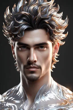 PAPERCUT 3d photo realistic portrait of young man, fantasy, handsome, hard eyes, shiny streaks of paint, filigree, shiny paint blobs, shiny white transparent skin, shiny molten metalics, baubles, papercut, wild hair, high definition, octane render, 64k, 3d