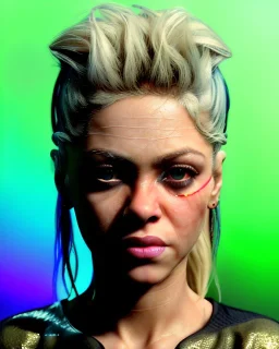 portrait, Shakira, blonde artist, angry, Realistic image, MMA robe, hoodie, mma gloves, band aid, loose long hair, eyes make up, line gold make up, glow, circle iris. moisture sweat, fog, Neon colors, leds. Dark background, photo studio, concept art, smooth, unreal engine 5, god lights, ray tracing, RTX, lumen lighting, ultra detail, volumetric lighting, 3d, finely drawn, high definition, 4k.