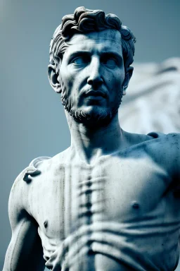 Ultra Realistic image, roman sculpture, deluxe white marble material, Angel di maria, Renaissance style, miguel angel style, chisel style, emperor, waist up portrait, epic, celestial, cinematic lighting, God light, god rays, 4k resolution, smooth details, ornate details, unreal engine 5, blue sky background.