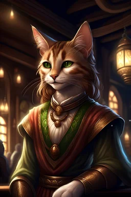 portrait of a Tabaxi female bard in D&D style, calico fur, long auburn hair cascading over shoulders, green eyes gazing seductively, feline facial features, stance conveying allure, intricate costume design, fantasy tavern background, patrons and wood-beamed ceilings slightly out of focus, candlelight casting a warm glow, ultra realistic, highly detailed, dramatic lighting, facing front