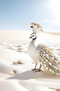 A white peacock with big white feathers looking up in white desert sands .