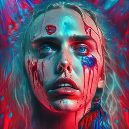 Singer Danish MØ face, blood, guts, wildflower, cosmic, futuristic, iridescent, intricate, background liquid,