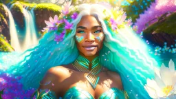 Photo realistic portrait of a gorgeous smiling skinny polynesian goddess with a golden dark shining skin, long smooth clear turquoise blue and pink white hair, blue eyes, in a sci-fi outfit with luminous strikes blowing a kiss in a hill of flowers with sakura trees, a waterfall, a crystal palace, loads of mini flowers, moss, sun rays through the branches, particles in the air at spring. Intricated details,