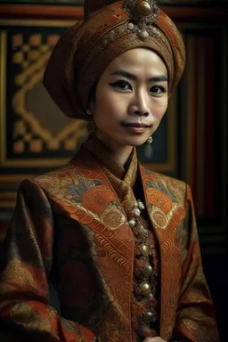 An Indonesian woman wears a buister combined with a batik kebaya, decorated with flaws style