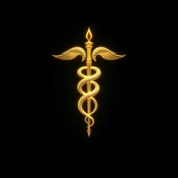 glowing fantastical caduceus symbol with two serpents coiling around a staff, concept art, minimalism, dark negative space, by Petros Afshar