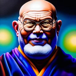 Ultra detailed fullbody Portrait in oil on canvas of master roshi merges with Thanos ,extremely detailed digital painting,extremely detailed face,crystal clear Big eyes, mystical colors ,perfectly centered image, perfect composition, rim light, beautiful lighting,masterpiece,8k, stunning scene, raytracing, anatomically correct, in the style of robert e howard and InHyuk Lee and Ohrai Noriyoshi and Simon Bisley and Wizyakuza.