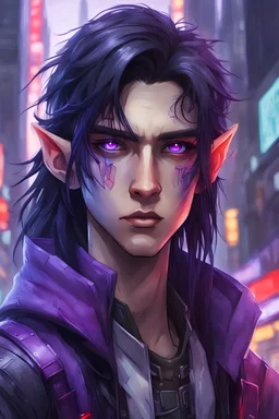 Dessine un jeune garçon elfe androgyne avec de longs cheveux noirs et des mèches violettes, un oeil droit rouge et un oeil gauche violet, le tout dans un décor de ville cyberpunk
