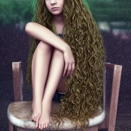 sad girl sitting on a chair under the rain, long hair, beautiful, high details, dragon tatoo on the leg, short dress, curly hair, green eyes, realistic, 4k