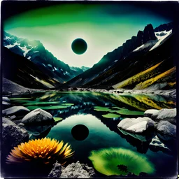 Sublime foto close-up polaroid ad alta definizione di una montagna rocciosa, un lago, surreale, colors, , collage art, dadaism, sublime, splimapys nero, cielo nero, acqua nera riflette un sole nero, macabre piante circondano il lago, alghe, hypermaximalist, Max Ernst style, strangeness, intricate, hypnotic, obsessive, 8k, deep 3d field, very accentuated details of the rocks and shtn, eerie, artistic photo, shot on Hasselblad, large format film, medium format film