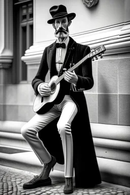 One single mature human, historic clothes, dog sitting to his side playing guitar in the street , Vienna, friendly, model style, hyper realistic, extremely accurate, delicate, extremely detailed, Graphic novel style, wide-angle, open aperture, superfine pencil