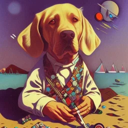 old dog smoking a pipe on beach by kandinsky