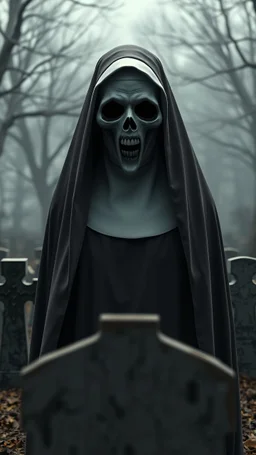 a front view of the Nun scary face from the horror movie, standing in the grave yard in a 3d rendering full-height image of a grim and dark scene. Ensure the final images exhibit the utmost quality, encompassing 4K, 8K, and 64K resolutions, with 3D rendering that manifests in photorealistic, hyperrealistic, and highly detailed representations. Employ techniques such as HDR, UHD,