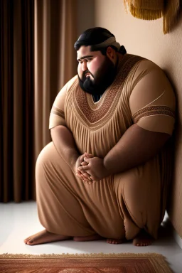 close up photography of a Burly arab 26 year old stocky short chubby man on his knees, short beard, dressed in an brown economic traditional caftan with pants and sandals, photorealistic, ambient occlusion, in a simple living room, ambient occlusion, side view from the bottom