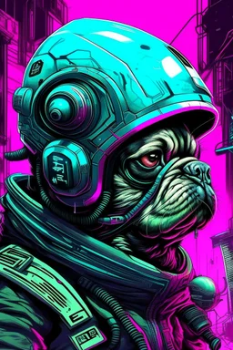 pug with rilfe M4 with helmet with neon background color with text Szczepan with cyberpunk style