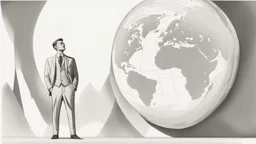 The image depicts an individual gazing intensely at the Earth, with their face slightly tilted towards the ground, as if harboring the world's secrets in their eyes. Their countenance exudes wisdom and unwavering confidence, almost as if they comprehend everything happening on this planet. Dressed in a sharp, high-end suit bearing a prestigious brand logo, they exude a serious and dignified aura. Their face radiates calm and contemplation, as they deeply ponder the intricacies of the world arou