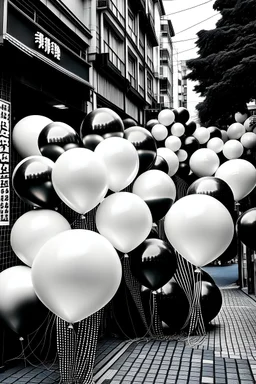 BLACK AND WHITE PARTY BALLOONS ON A TOKYO STREET