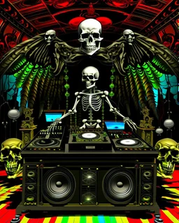 DJ of the damnded, insanely detailed DJ booth in hell, MID set, speakers and equipment made of bone, anatomically correct,