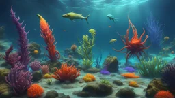 creatures, plants from subanautica from deep sea, leviathan's a lot of sea plants very deep, beautiful, river of magma, green and blue and more colours, sea animals from subnautica