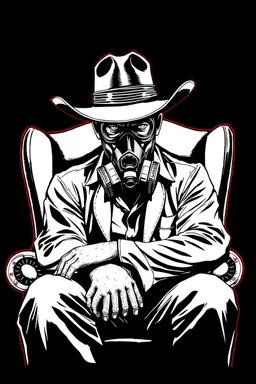 intimidating western styled man with hat (wide flat brim flat top) shading face, wearing a gas-mask, sitting forward on a wingback chair, vignette, black and white graphic novel style with a red outline on black background, gothic horror