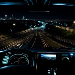 night time, a car dashboard lighting up, a dark road in the windscreen, with a beautiful city in the distance, photo quality