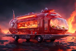 Futuristic crystal Clear glass food truck shaped like a firetruck, spacecraft "5 Alarm Chili" food hovercraft theme, surreal fantastical otherworldly vehicle with the side open with an ordering window and food bar, elaborate, vibrant, fantastical hyperrealistic, maximalist, insanely detailed, concept art, nighttime, "5 ALARM CHILI" logo, by Beeple and Vincent di Fate