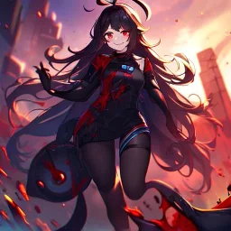 Clear focus,High resolution,High quality, Smiling,Wearing a Fortnite Inspired Outfit,Wearing black long socks, Black Long hair with a ahoge, Red eyes, Wearing black gloves, Bloody mess, Small pupils