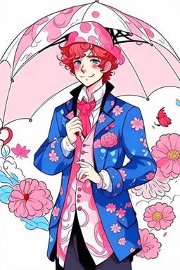 kind sailor, man, red slightly curly hair, long jacket, pink-azure clothes, pink-azure cocked hat, white floral pattern on the jacket, flower in the hair. Pink and blue umbrella.