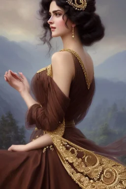 long shot beautiful and gorgerous duchess with incredible jewellery in 19th century clothing by Greg Rutkowski and Artgerm and Emile Vernon and Vladimir Volegov, in a brown dress, mystical castle background, art illustration, natural beauty, muted colors, pastels, perfect fingers, higly detailed, expressive, high detail, symmetrical, digital painting, symmetrical eyes, dynamic lighting, artstation, cinematic lighting, intricate artwork, emitting diodes, smoke, artillery, sparks, racks, system u