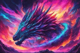 Dragon in a vibrant synthwave dreamscape, neon chaos swirling energetically around pixelated forms, a dynamic fusion of retro gaming nostalgia and futuristic abstraction