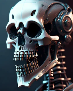 female gears skeleton laughing with open mouth. Intricate mech details, ground level shot, 8K resolution, Cinema 4D, Behance HD, polished metal, Unreal Engine 5, rendered in Blender, sci-fi, futuristic, trending on Artstation, epic, cinematic background, dramatic, atmospheric