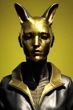 Medium Close Up Portrait, Front image. cyberpunk, rabbit mask, sweet woman, gold hair. Leather, feather suit. Yellow, red, color. Warrior style. Color background, photo studio. Avatar image, highly detailed, concept art, smooth, unreal engine 5, ray tracing, RTX, lumen lighting, ultra detail, volumetric lighting, 3d, finely drawn, high definition, high resolution.