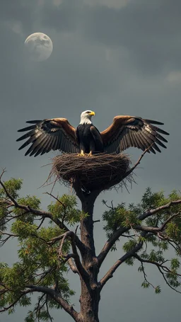 Bosch painting style nightmare in 3D , a nest of an eagle at the top of a tree in Africa , background, high Quality picture , 8k