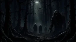 many monsters in the dark forest, far distance, realistic horror, realistic art
