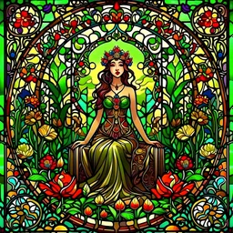 Stained Glass Art Nouveau art style A beautiful as a model asian woodland elf princess who looks like a young Lucy Liu seated on a throne surrounded by poppies and marijuana leaves in a mystical forest, photo-realistic