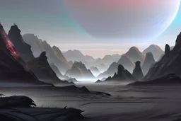 Alien landscape with grey exoplanet in the sky, over the valley. Lagoon, vegetation, sci-fi, concept art, cinematic, movie poster