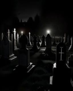 Picture of a dark cemetery with multiple graves. Dim light from a candle. A ghost stands on a grave.