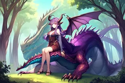 House, forest, girl , purple hair, dragon tail, dragon horns, sit