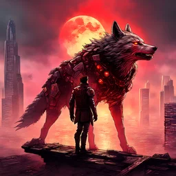 a highly detailed epic cinematic concept art CG render digital painting artwork: dystopian future with a man dressed in a futuristic suit confronting a powerful wolf with piercing red eyes, surrounded by a decaying metropolis and a breathtaking sunset painting the sky with vibrant hues, the wolf adorned in armor exudes dominance, the man unaffected by the chaos gazes confidently into the distance, a contrasting juxtaposition emerges between industrialized world and unyielding spirit of humanity,